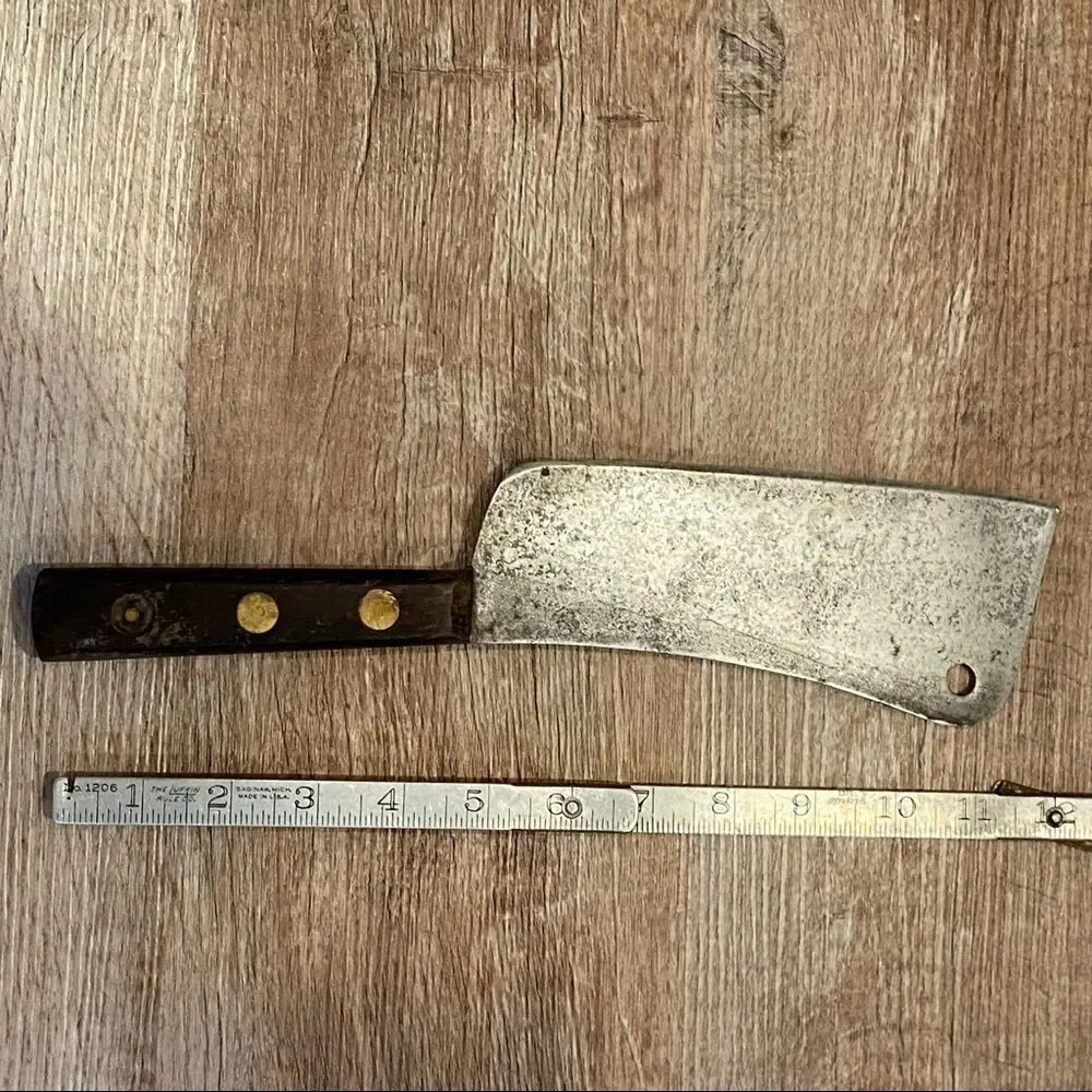 Vintage Antique Meat Cleaver w Wood Handle 3 Brass Pin 12 Inch